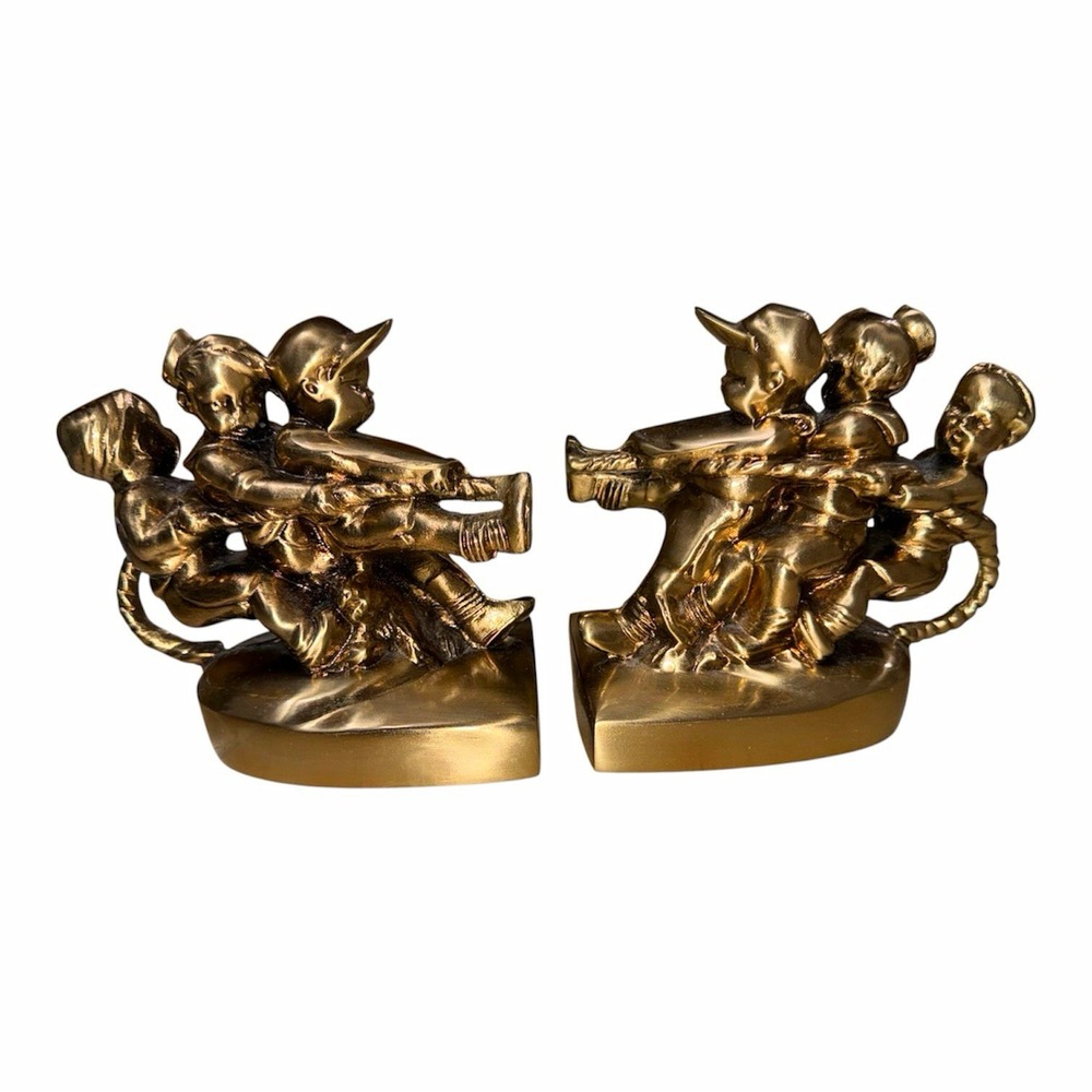 Vintage PM Craftsman Brass Tug Of War Bookends Heavy Solid Pair Children USA